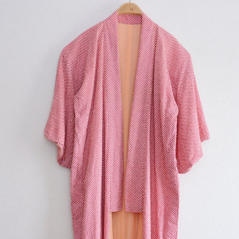 Checkerboard Pattern Kimono Robe Long Cotton Japan Vintage Free Shipping - Women's Blazers & Trench Coats - Cotton & Hemp Red