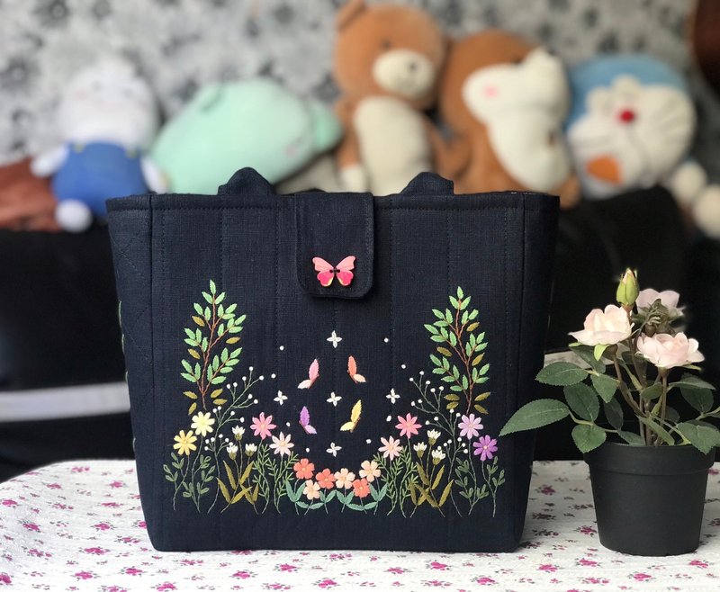 Linen, butterfly wings and flower lover pattern. - Handbags & Totes - Cotton & Hemp 