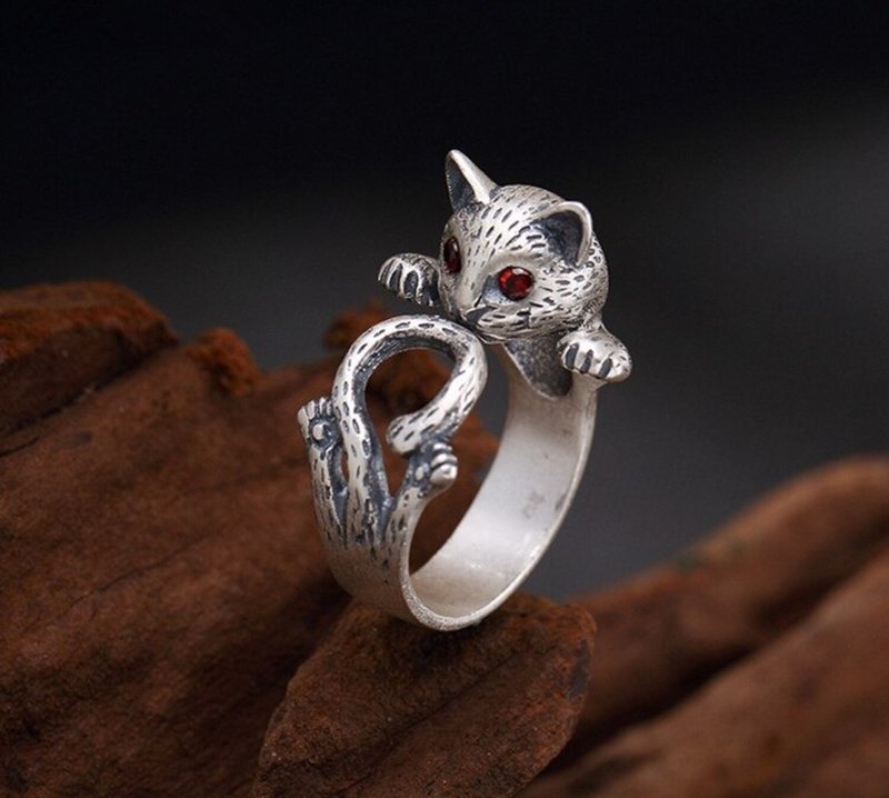 Real 990 Silver Fine Jewelry Handmade Engrave Girls Lovely Cat Opening Finger - General Rings - Sterling Silver Silver