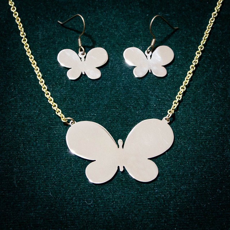 Butterfly Set Necklace+Earring - สร้อยคอ - ทองแดงทองเหลือง สีเงิน