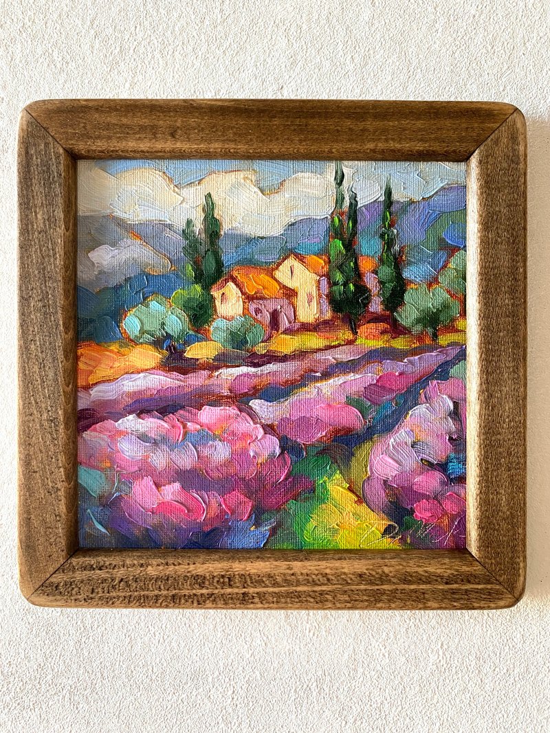 薰衣草田繪畫托斯卡納原創藝術風景油畫厚塗小幅藝術品 8x8 托斯 - 壁貼/牆壁裝飾 - 木頭 
