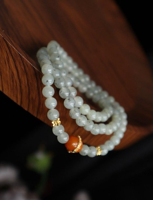 Angel's tears 天使之淚 Jewelry Design 6mm天然和闐玉/和田玉青花玉 蜜蠟棗珠銀四葉草設計多圈手串項鍊m