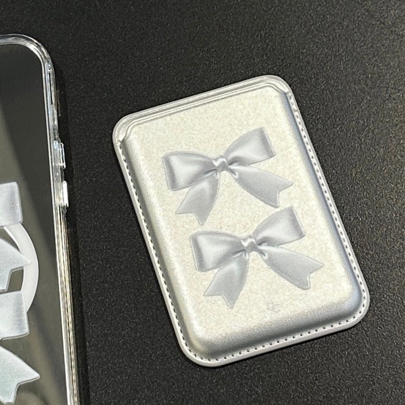 銀色雙蝴蝶結 MagSafe 超強磁吸皮革卡套 - 手機配件 - 人造皮革 銀色