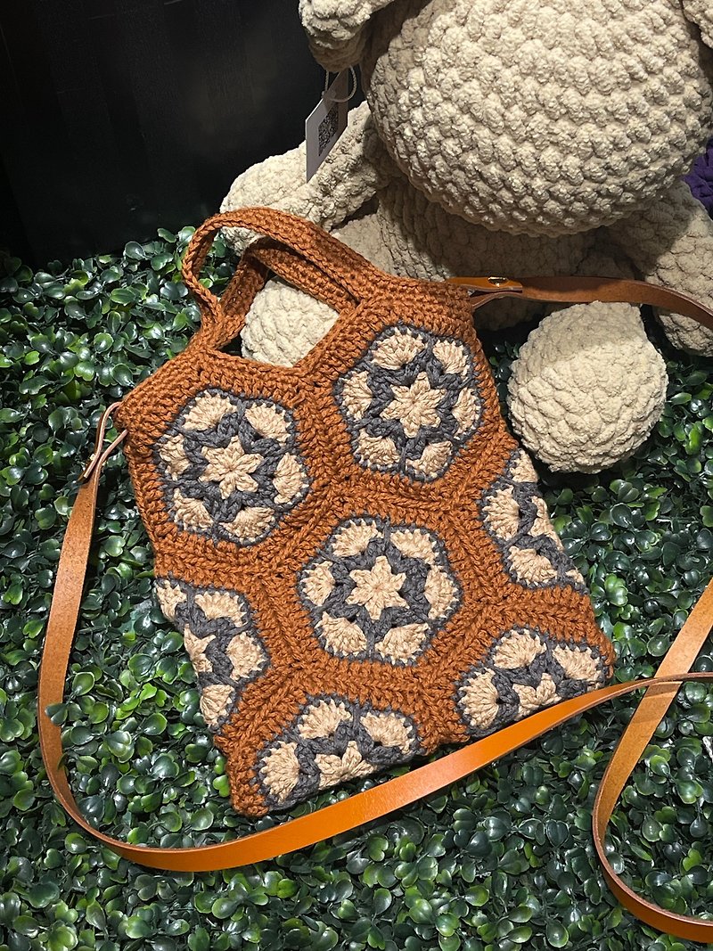 Hexagon Panel Vintage Dual Hand Bag - Messenger Bags & Sling Bags - Cotton & Hemp Brown