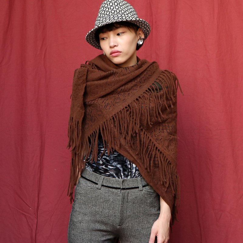 Pumpkin Vintage. Woolen fringed scarf shawl big square - Knit Scarves & Wraps - Wool Brown