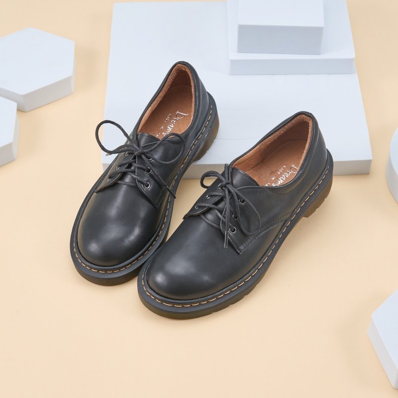 Arch Support_Round Toe Plain Stitched Derby Shoes Black - รองเท้าอ็อกฟอร์ดผู้หญิง - หนังแท้ สีดำ