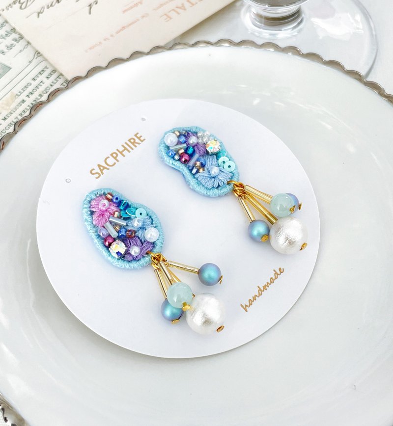 Irregular shape embroidered earrings - Earrings & Clip-ons - Other Materials Blue