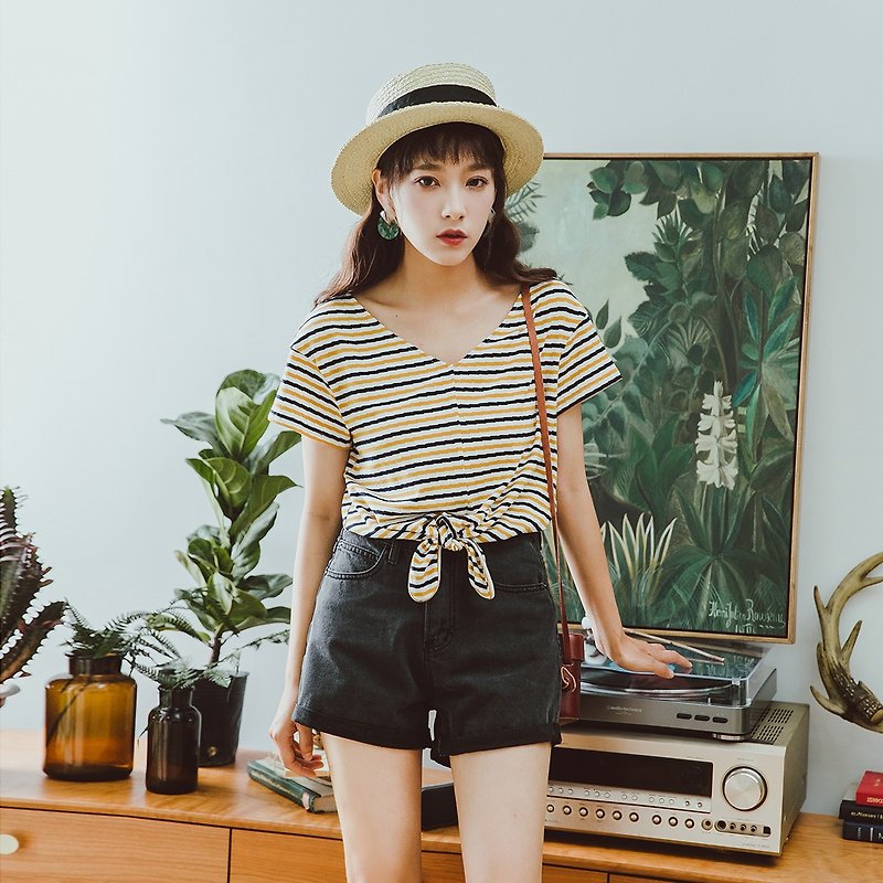 Anne Chen 2018 summer new style literary women's front piece with striped T-shirt - เสื้อยืดผู้หญิง - วัสดุอื่นๆ สีเหลือง