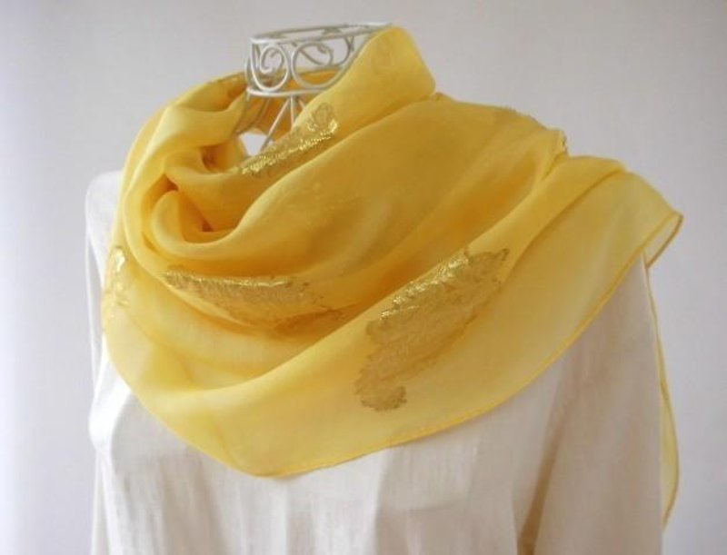 Silk · chiffon · gold lame · marigold dye · long stall - ผ้าพันคอ - ผ้าไหม สีเหลือง