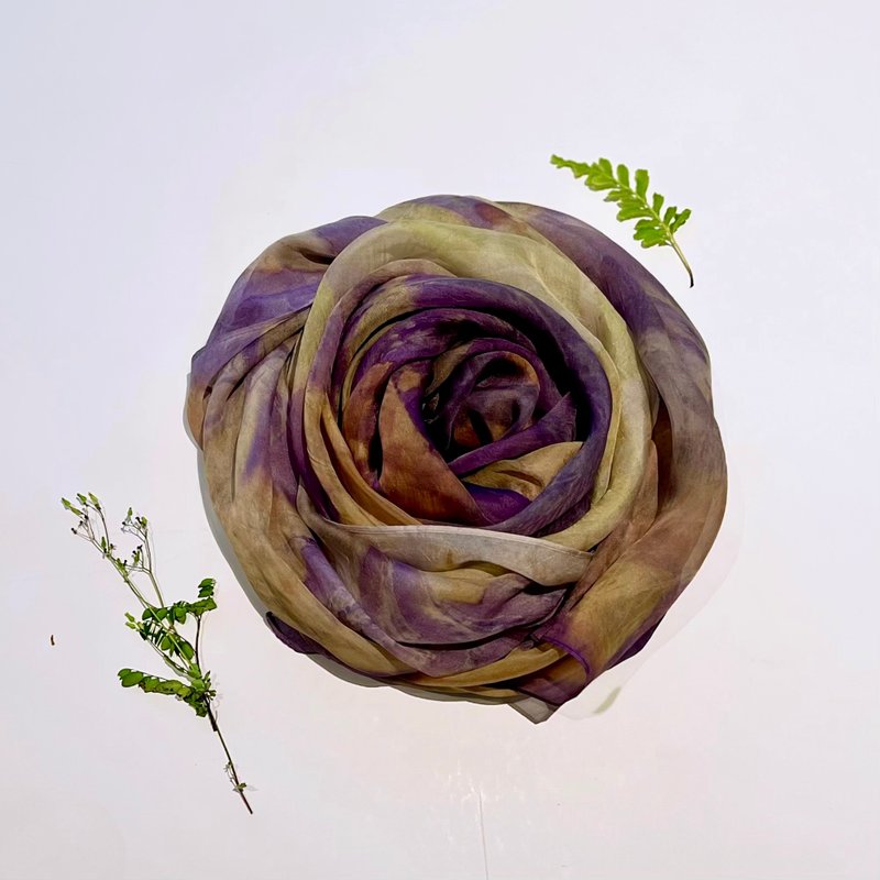 Floral and Leaf Transfer Printed Long Silk Scarf - light purple yellow leaf - ผ้าพันคอ - ผ้าไหม หลากหลายสี