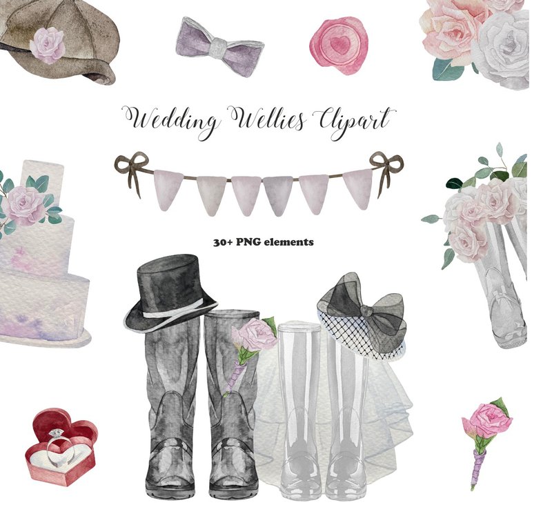 Watercolor wedding wellies clipart. Rain boots for personalised print - Illustration, Painting & Calligraphy - Other Materials Multicolor