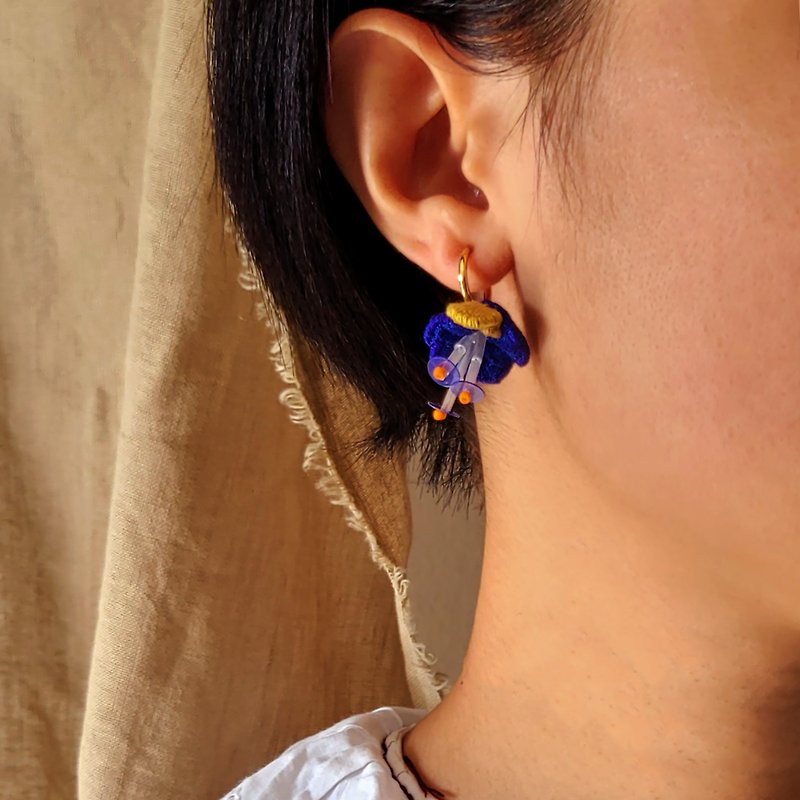 DUNIA handmade /Flower and fruit hand-sewn beaded cloth earrings/ - blue with cream yellow - Earrings & Clip-ons - Cotton & Hemp Multicolor