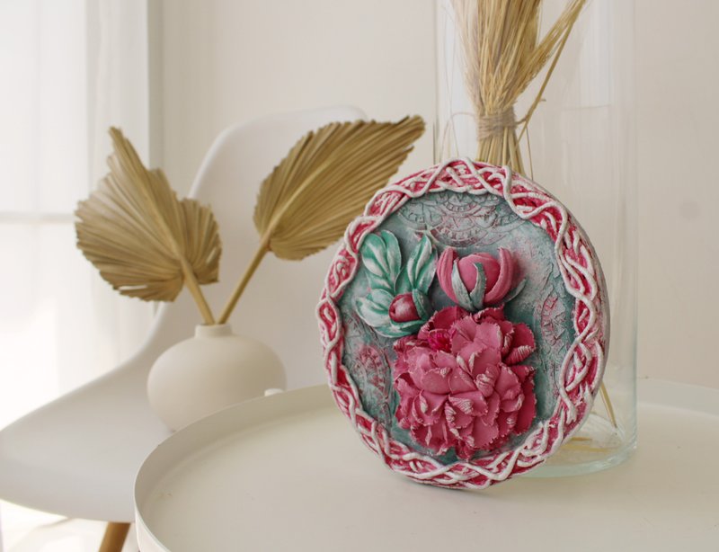 3d peony, original sculpture painting, small wall decor, tiny floral painting, - Wall Décor - Other Materials 