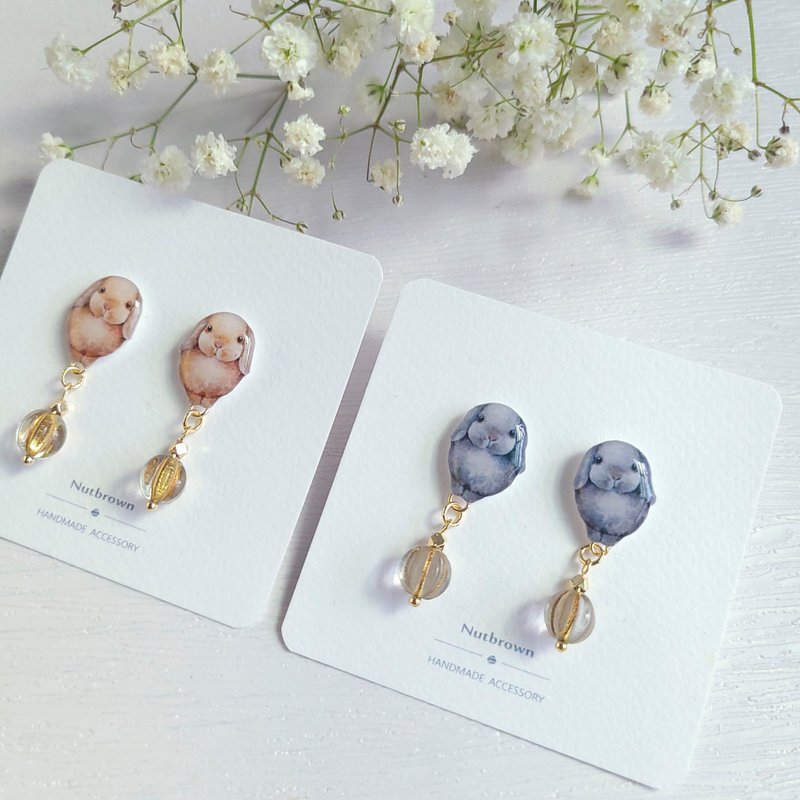 Animal Series-Year of the Rabbit Lop Rabbit Glass Bead Earrings/ Clip-On - ต่างหู - เรซิน หลากหลายสี