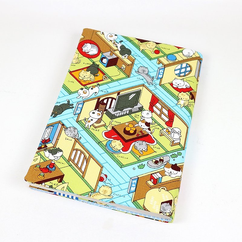 A5 Adjustable Mother's Handbook Cloth Book Cloth Cover - Cats and Friends (Blue) - ปกหนังสือ - ผ้าฝ้าย/ผ้าลินิน สีน้ำเงิน