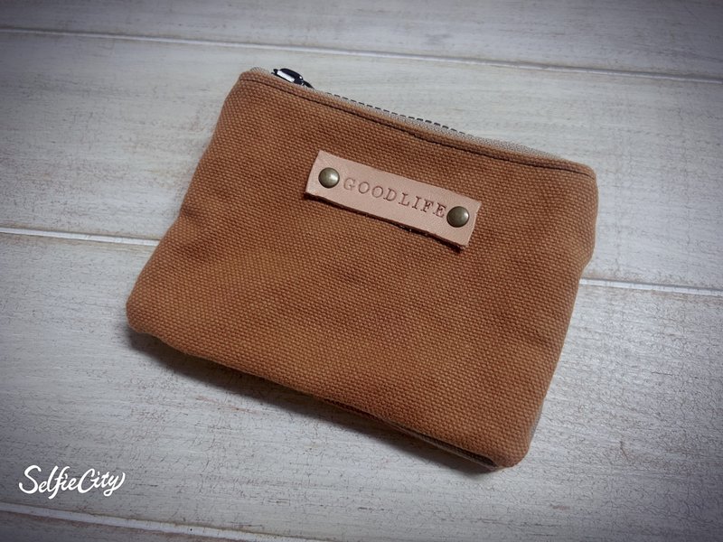 Japanese brown canvas double zipper coin purse storage bag - กระเป๋าใส่เหรียญ - ผ้าฝ้าย/ผ้าลินิน สีนำ้ตาล