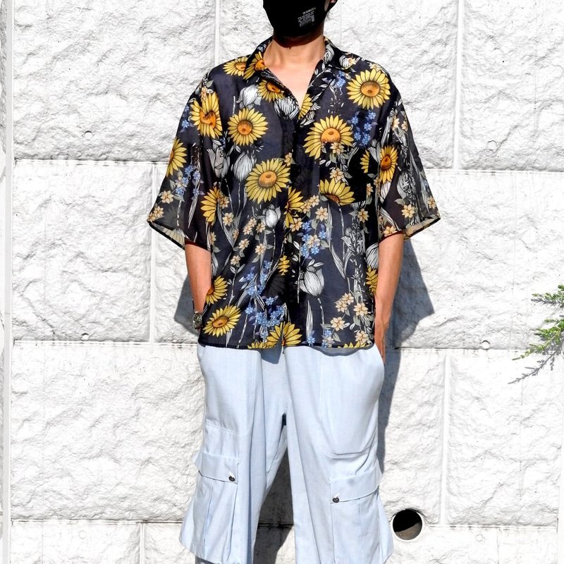 Cotton silk half-sleeve open-collar shirt / Sunflower [gri:n ai] - Men's T-Shirts & Tops - Other Materials Blue