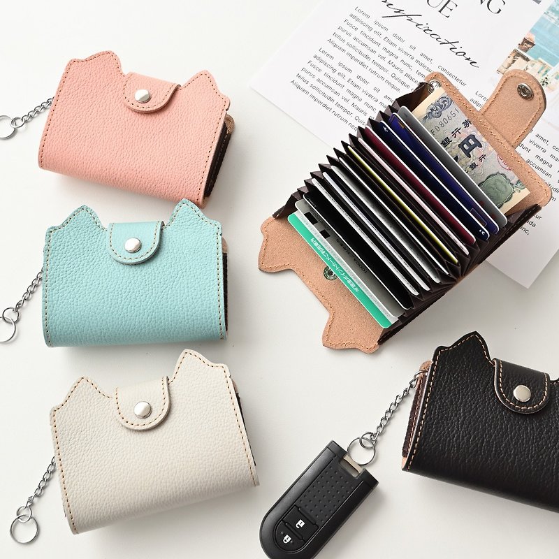Accordion-style card case with cat ears [New Shrink Leather] Mini wallet, genuine leather, dull color, cat, animal HS69K - ที่เก็บนามบัตร - หนังแท้ หลากหลายสี