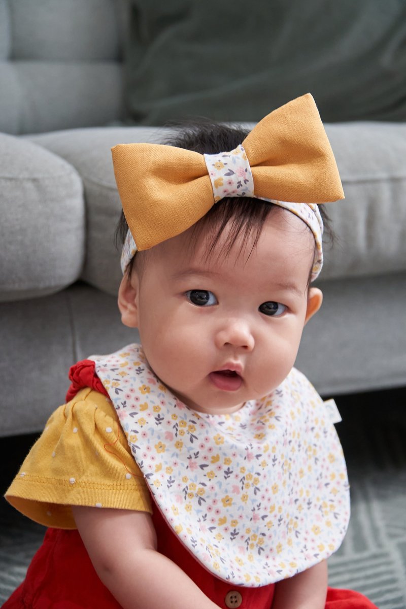 Pink and yellow flower baby bib square pocket - Bibs - Cotton & Hemp White
