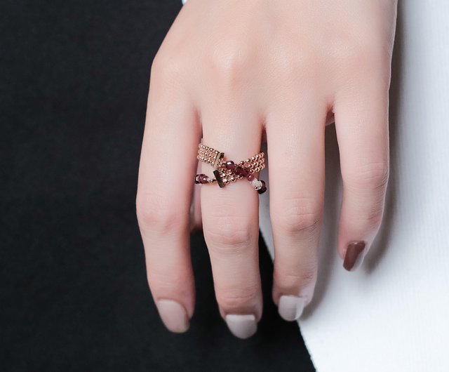 Herkimer Diamond & Garnet Beaded Double Hoop Chain Ring (Rose Gold Plated)  - Shop SLOW ROVER General Rings - Pinkoi