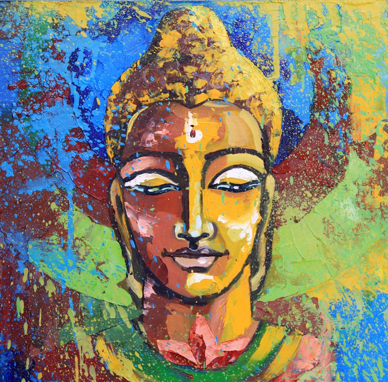 Buddha Painting Buddhism Original Art Indian Artwork Meditation Wall Art Zen - โปสเตอร์ - โลหะ สีนำ้ตาล