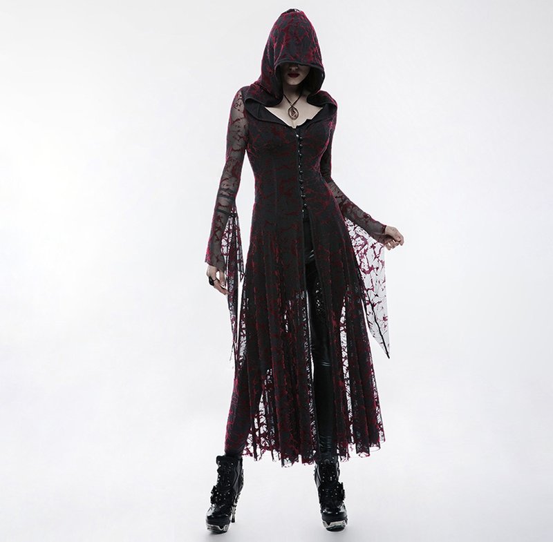 Gothic witch fire element hooded long coat - เสื้อแจ็คเก็ต - วัสดุอื่นๆ สีแดง