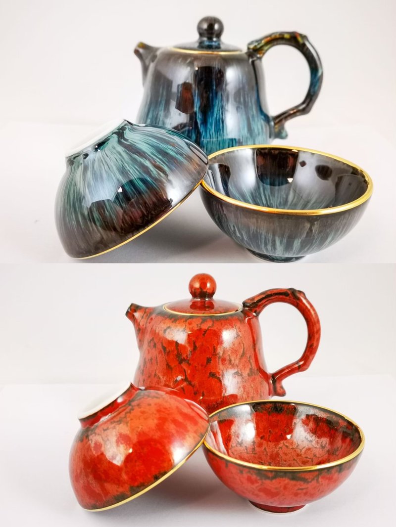 [Dali kiln] gilt Xuanchan Tianmu pot set, one pot and two cups - Teapots & Teacups - Porcelain 