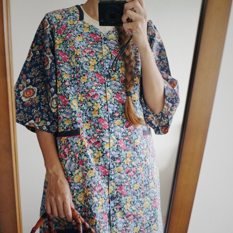 Vintage American Floral Dual-Pocket Vest Dress - Longline - One Piece Dresses - Cotton & Hemp 