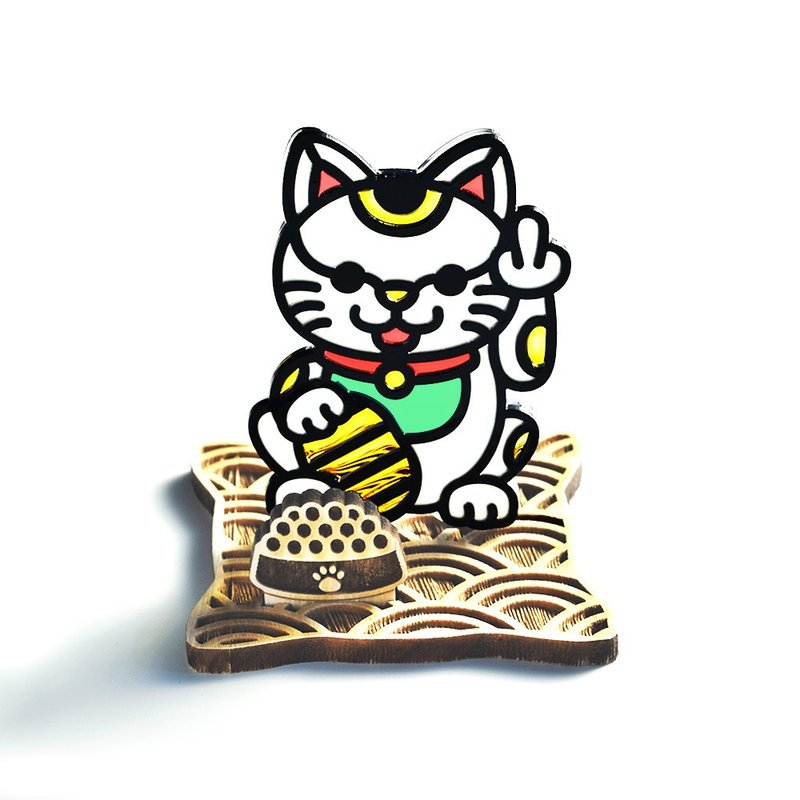 【Moko Bastet】Lucky Cat Cattitude Lucky Cat with Wooden Base - Items for Display - Resin Multicolor