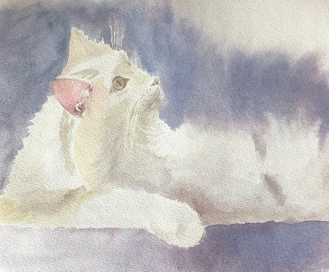 白猫 オリジナル水彩画 動物ポートレート ウォールアート