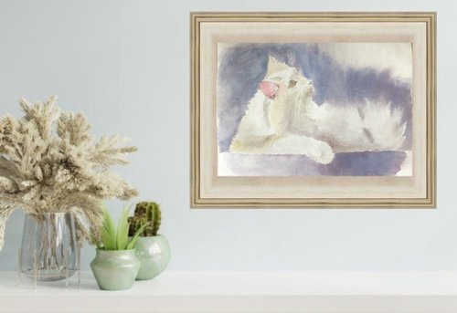 白猫の風景画　美術品　海の見える風景 白猫の風景画 美術品 海の見える風景