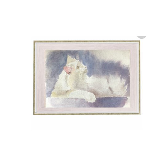 白猫 オリジナル水彩画 動物ポートレート ウォールアート