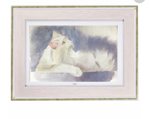 白猫 オリジナル水彩画 動物ポートレート ウォールアート