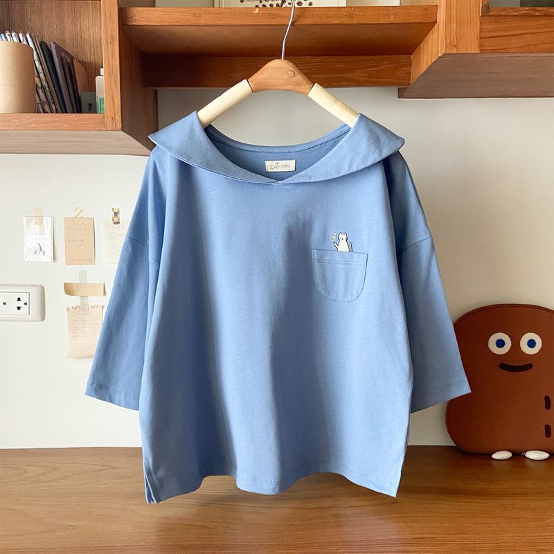 flower cat little cape collar t-shirt : blue - 女 T 恤 - 棉．麻 藍色