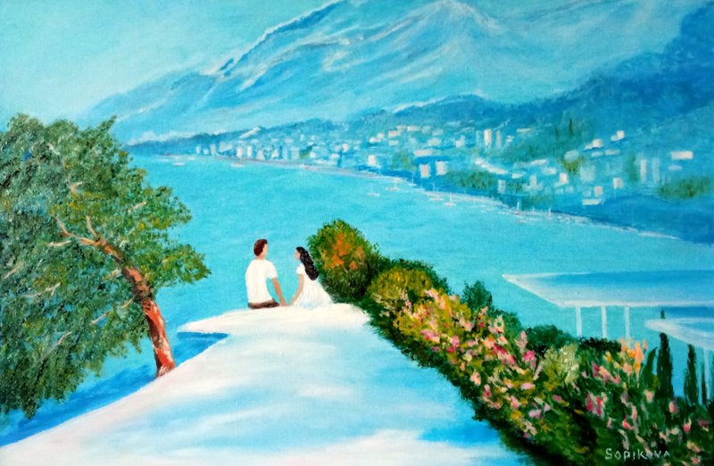 Original oil painting on canvas First Date. 40x60 cm. Unframed. - ตกแต่งผนัง - วัสดุอื่นๆ 