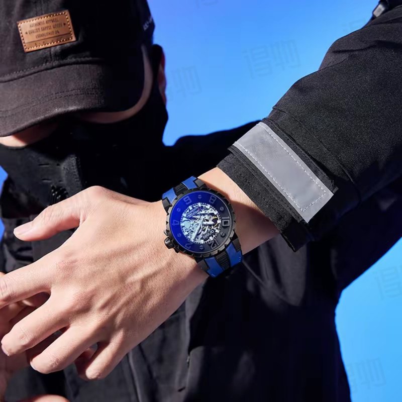 鏤空律動 藍矽膠帶 藍玻錶鏡 霧砂黑 - 男錶/中性錶 - 不鏽鋼 