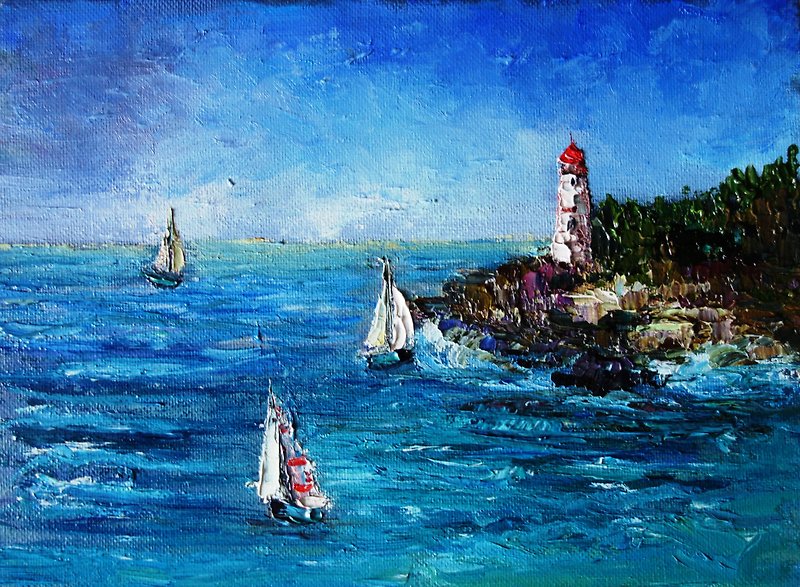 Sailboat Painting Oil Seascape Original Art 油畫原作 Beach Artwork Canvas Art - โปสเตอร์ - สี หลากหลายสี