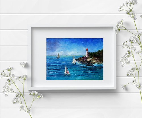 ヨット絵画油絵海景オリジナルアート油畫原作ビーチアートワーク