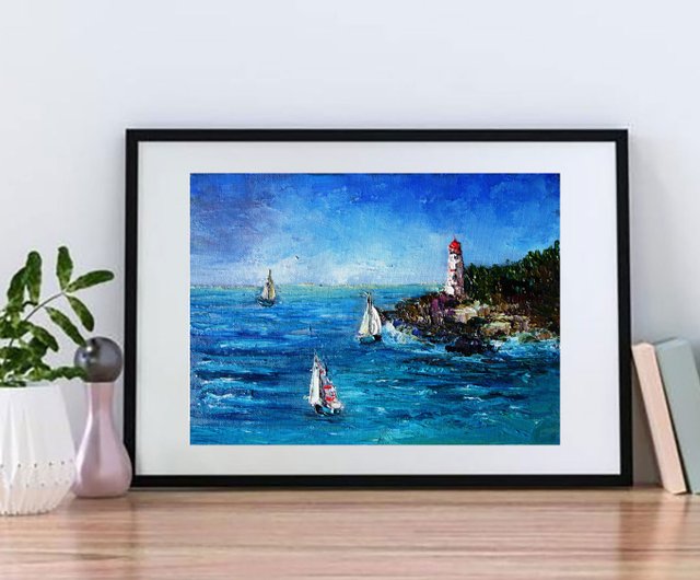 ヨット絵画油絵海景オリジナルアート油畫原作ビーチアートワークキャンバスアート - ショップ ArtshopLiliya ポスター・絵 - Pinkoi