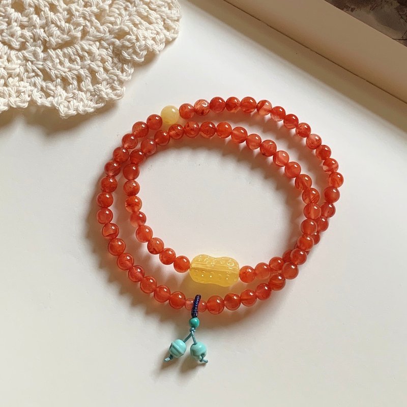 Autumn is full of rich laurels. Southern Red Floating Red Double Circle Bracelet Turquoise Bell Wax Peanut Peaceful Ruyi Bracelet - สร้อยข้อมือ - เครื่องประดับพลอย สีแดง