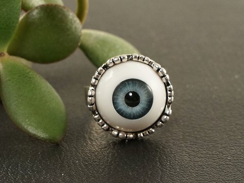 AGATIX Gray Blue Human Eye Evil Eye Silver Adjustable Protection Ring Unisex Jewelry