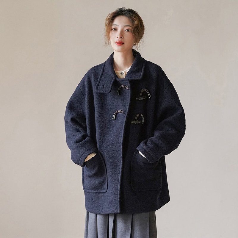 Navy Blue Horn Button Short Coat|Coat|Autumn/Winter|Wool|Sora-1091 - Women's Blazers & Trench Coats - Wool 