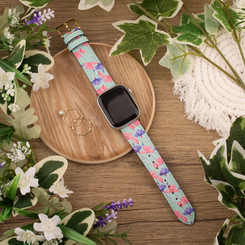 Red Blue Blossom Turquoise Calf Leather Apple Watch Strap 4/5/6/7/8/9/SE/Ultra - สายนาฬิกา - หนังแท้ สีเขียว