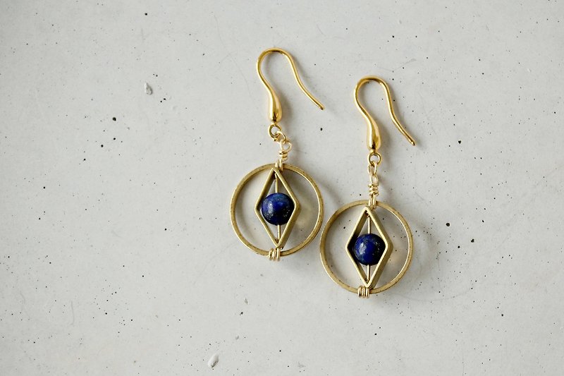 Geometric Bronze lapis earrings - 14K gold earhook Note - rotatable Clip-On- Crystal hypoallergenic - Earrings & Clip-ons - Gemstone Blue