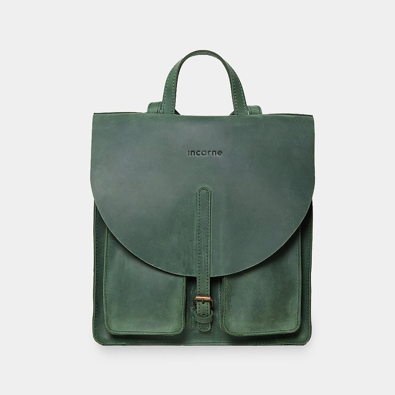 綠色皮革筆電背包 — 復古男女通用工作旅行後背包 - 後背包/背包/書包 - 真皮 綠色