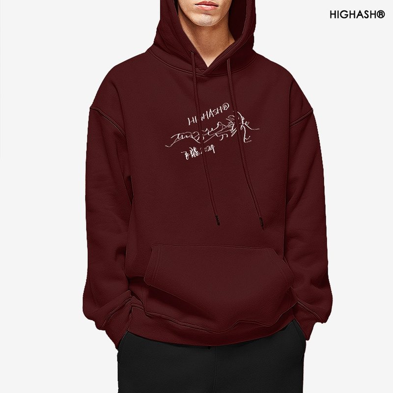 2024 Year of the Dragon red hand-painted inkjet silhouette American style pullover vibe plus velvet hooded sweatshirt - เสื้อฮู้ด - ผ้าฝ้าย/ผ้าลินิน สีแดง