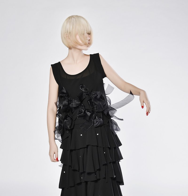 Black bow chiffon vest - imakokoni - Women's Tops - Other Materials Black