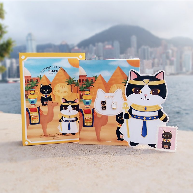 貓貓旅行遊記耳環書盒套裝-埃及貓咪神和梅傑德貓耳環 - 耳環/耳夾 - 琺瑯 黃色