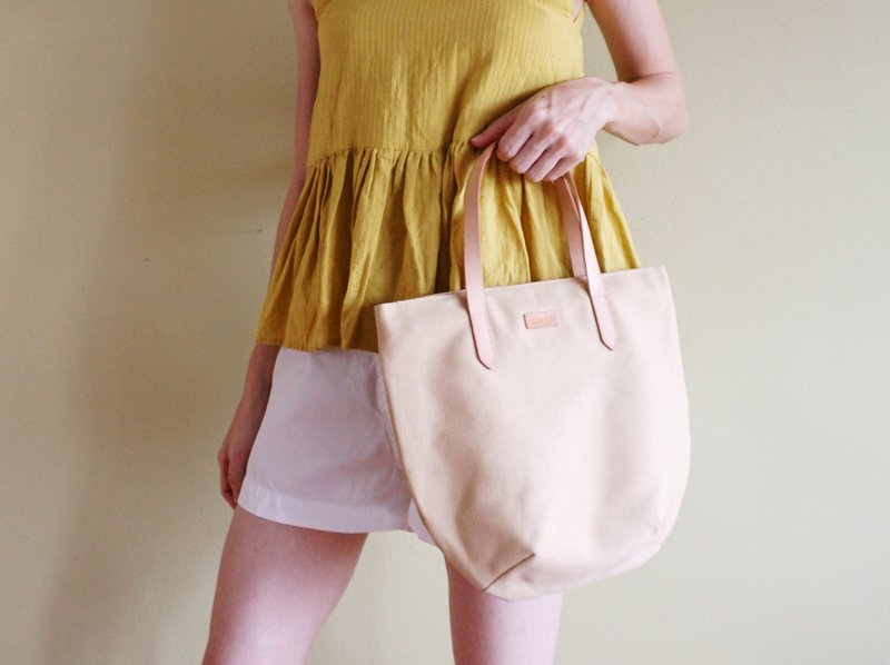 Beige Khaki Petite Canvas Tote Bag with Leather Strap for her - Casual Chic Bag - Handbags & Totes - Cotton & Hemp Khaki