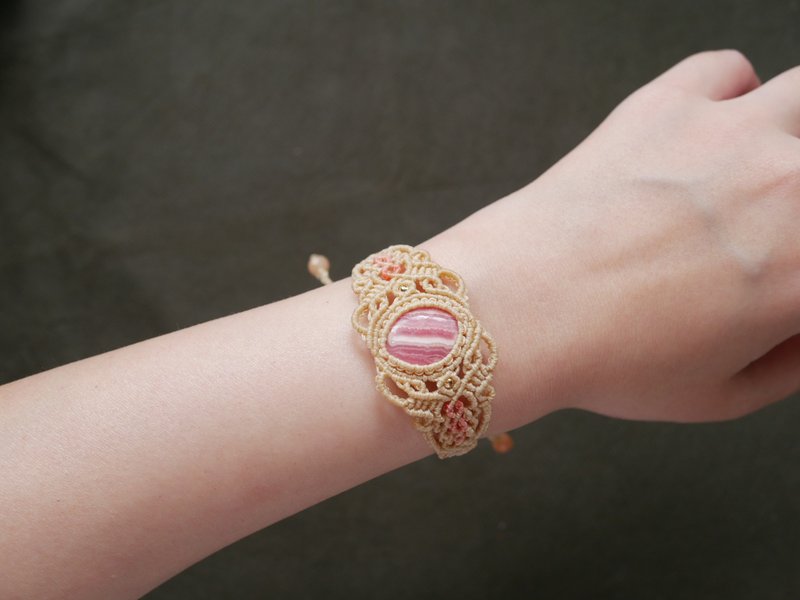 NB41/SS24~rhodochrosite (Stone) l Wax thread l hand-woven l bracelet - Bracelets - Semi-Precious Stones Pink